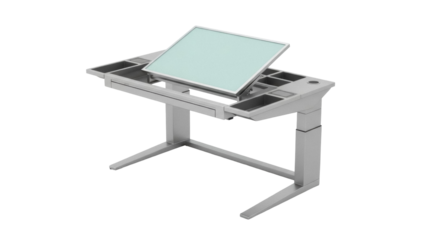 Isolated drafting table with angled glass surface and adjustable height for artists design