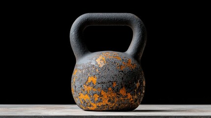 A weathered, metallic weight, with peeling grey paint revealing orange underlayer, sits on a stone surface against black