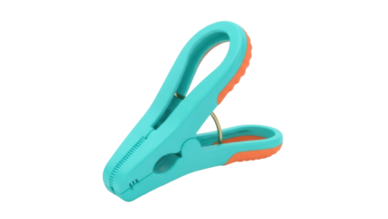 Isolated close-up of a brightly colored blue and orange plastic clothes peg for laundry use
