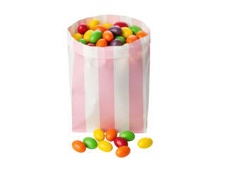 Isolated striped bag full of colorful candy drops, sugary confectionery, party snack