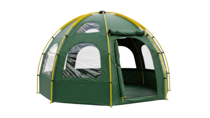Isolated green outdoor tent for camping expeditions and adventurous hiking trips in nature