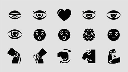 Black silhouette icons of eyes heart brain muscles and joints on gray background