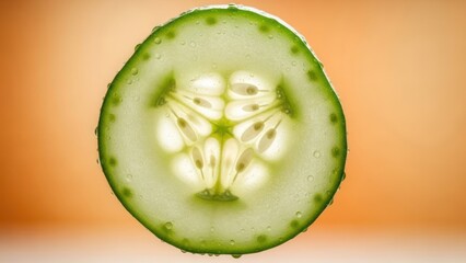 Close up of a cucumber slice fresh vegetable with green and white details on an orange background