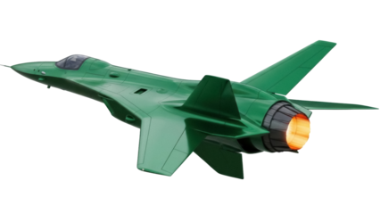 Isolated green fighter plane aircraft with jet engine thrusting, studio shot in air