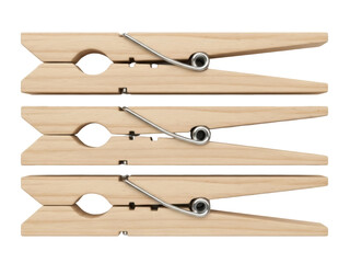 Isolated wooden clothespins aligned, ready for use securing laundry and paper projects