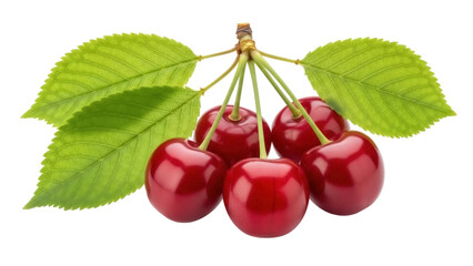 Isolated group of fresh, ripe cherries with green leaves and stems, ready to eat