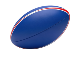 Isolated blue rugby ball with red and white stripes for practice sessions and championship games