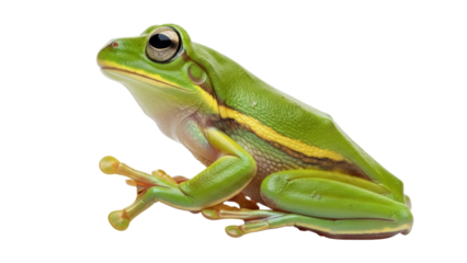 Isolated frog sits in profile, a green tree frog with a yellow stripe on its side