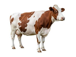Isolated cow in studio looking right, a dairy breed, healthy livestock, full body view