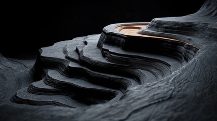 A digitally rendered, abstract landscape with layered, slate-like textures, featuring a circular, golden-hued element