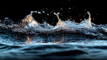 Dynamic shot captures water cresting, forming a wave with droplets suspended mid-air against a black background
