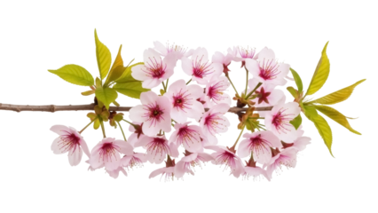 Isolated branch with pink cherry blossoms and fresh green leaves on tree in springtime
