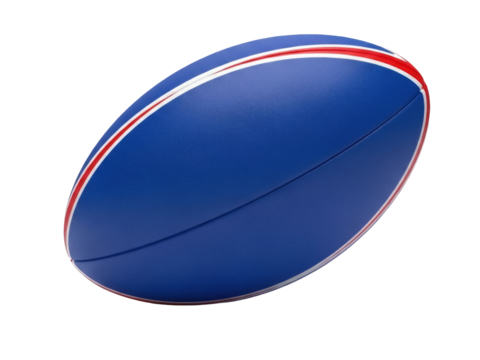 Isolated blue rugby ball with red and white stripes for practice sessions and championship games - Powered by Adobe