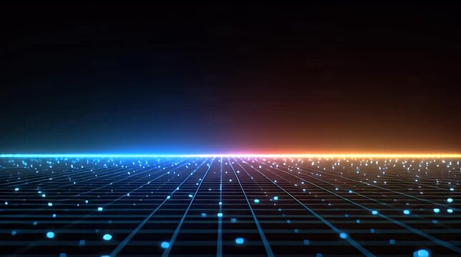 Abstract colorful sound wave equalizer bars rising from a grid pattern on a dark background