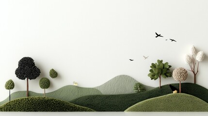 A textured, handcrafted landscape art piece, featuring rolling hills with trees, birds, and intricate details against a plain background