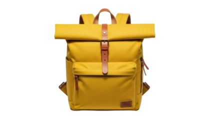 Isolated golden yellow roll top backpack made of canvas, closed with a brown leather belt.