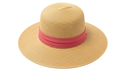 Isolated Straw hat with salmon ribbon around the crown for sun protection, no background