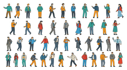 Grid of 40 illustrated diverse individuals in various outfits and poses, representing fashion variety, personality expression, and demographic diversity in a dynamic and modern visual format
