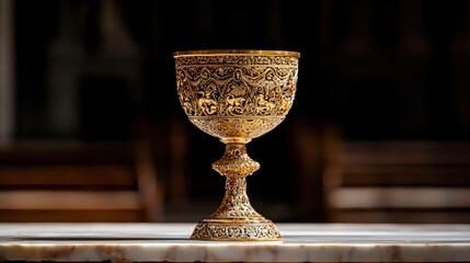 Ornate golden chalice, heavily decorated with relief carvings, rests on a marble surface, with a dark blurred background