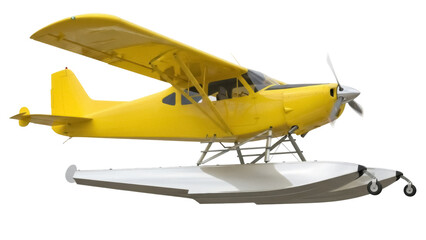 Isolated Yellow Floatplane ready for takeoff or landing near water bodies and lakes on pontoons