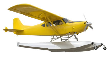 Isolated Yellow Floatplane ready for takeoff or landing near water bodies and lakes on pontoons