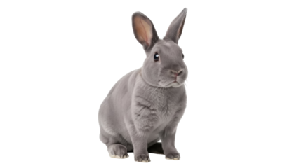 Isolated, beautiful gray rabbit sitting up, looking forward, posing for the camera in studio