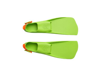 Isolated pair of lime-green swim fins for snorkeling, scuba diving, or underwater activities