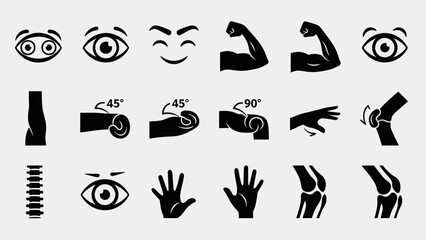 Black and white human body parts and facial expressions vector illustrations