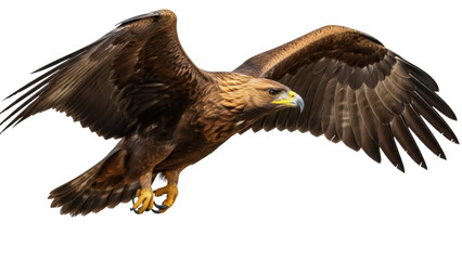Isolated golden eagle with spread wings flying, raptor looking down, bird of prey portrait
