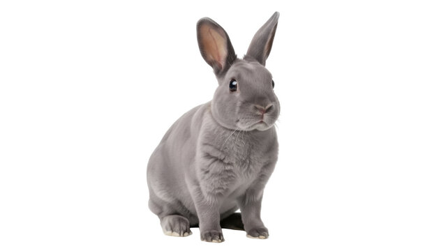 Isolated, beautiful gray rabbit sitting up, looking forward, posing for the camera in studio