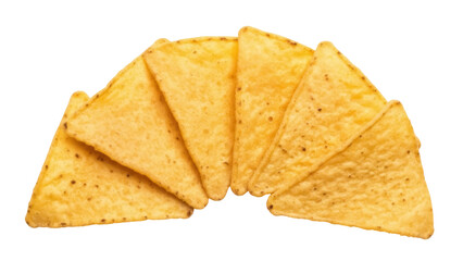 Isolated fan array of yellow corn tortilla chips create half-circle snack display close-up