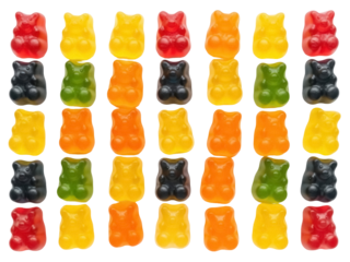 Isolated assorted colorful gummy bears candy arranged in a pattern, a sugary sweet snack treat