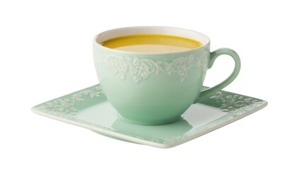 Isolated light-green teacup and saucer with yellow liquid, on a light-green saucer, design trim