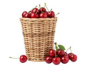 Isolated basket of fresh red cherries with stems, a healthy snack, delicious and juicy fruit
