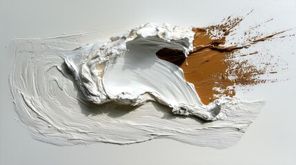 Textured art piece of thick, sculpted paint in white, brown, and cream tones, creating an abstract, flowing composition