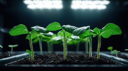 Close-up of seedlings in a black tray under artificial light. The young plants have green leaves and are in dark soil