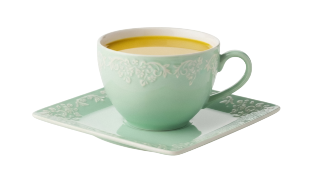 Isolated light-green teacup and saucer with yellow liquid, on a light-green saucer, design trim - Powered by Adobe