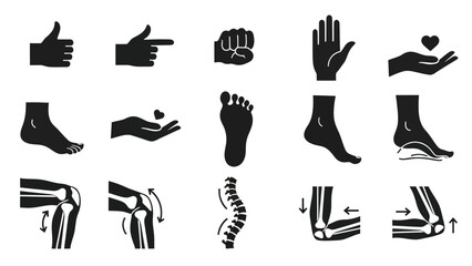 Black silhouette icons of human body parts and gestures for design