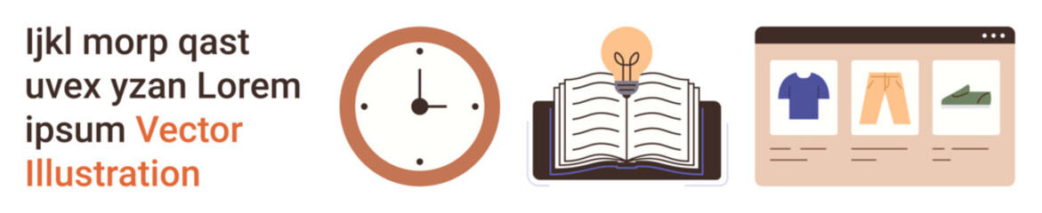 Time management, online education, e-commerce, knowledge sharing, creative ideas, digital transformation. Open book with light bulb, clock e-commerce platform. Time management and online education