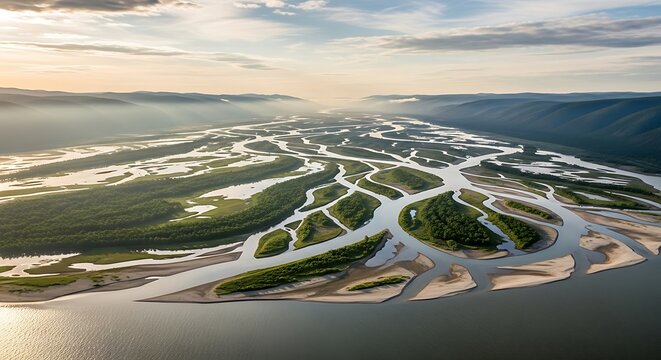 Aerial View of Lena River Delta, Russia - A Natural Wonder.