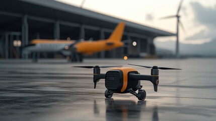 A small, orange and black aerial vehicle sits in focus on a wet surface with a blurred aircraft and wind turbines in the background