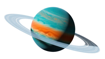 Isolated Saturn-like planet with visible rings against a clean backdrop in cosmic space view © Maria