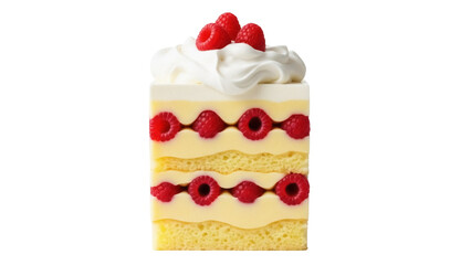 Isolated slice of raspberry shortcake topped with fresh cream and berries is dessert