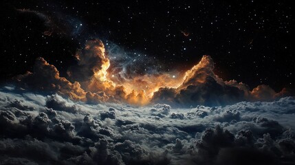 Dramatic vista showcasing a swirling cosmos behind towering, illuminated cloud formations, evoking a sense of wonder