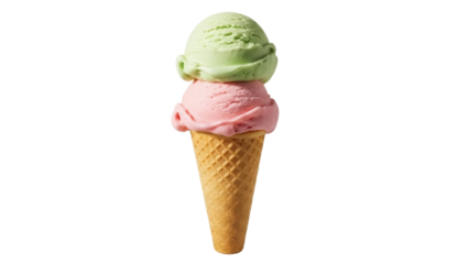 Isolated ice cream cone with two scoops, strawberry, pistachio, summertime treat, dessert