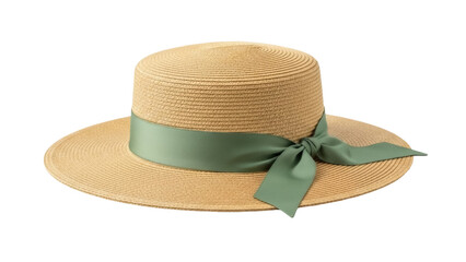 Isolated woman's straw hat with green ribbon, summer headwear for sun protection and style