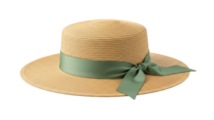 Isolated woman's straw hat with green ribbon, summer headwear for sun protection and style