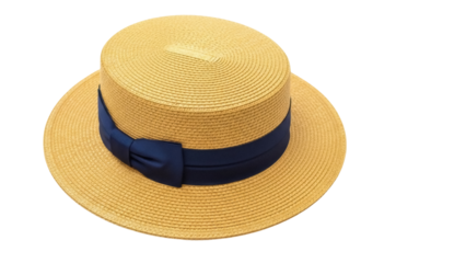 Isolated summer boater hat, tan straw sun hat with blue ribbon bow, headgear for formal wear