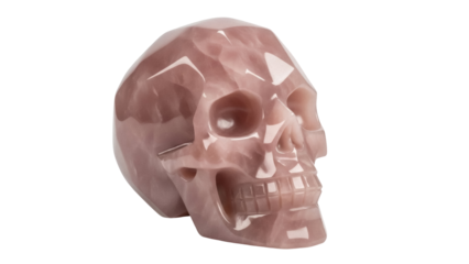 Isolated carved skull figurine of pink stone, a decorative carving for metaphysical shop