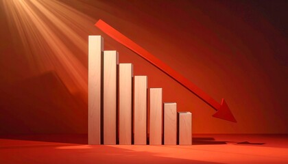 Red bar chart and line graph descending—sharp angles, dark backdrop—symbolizing decline, urgency, and the stark rhythm of financial loss, performance drop, and metric erosion.